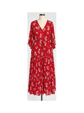Loralette Red Floral Maxi Dress 22/24 NWT Button Front Tiered Plus Size
